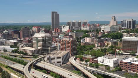 albany, new york skyline with drone video moving down