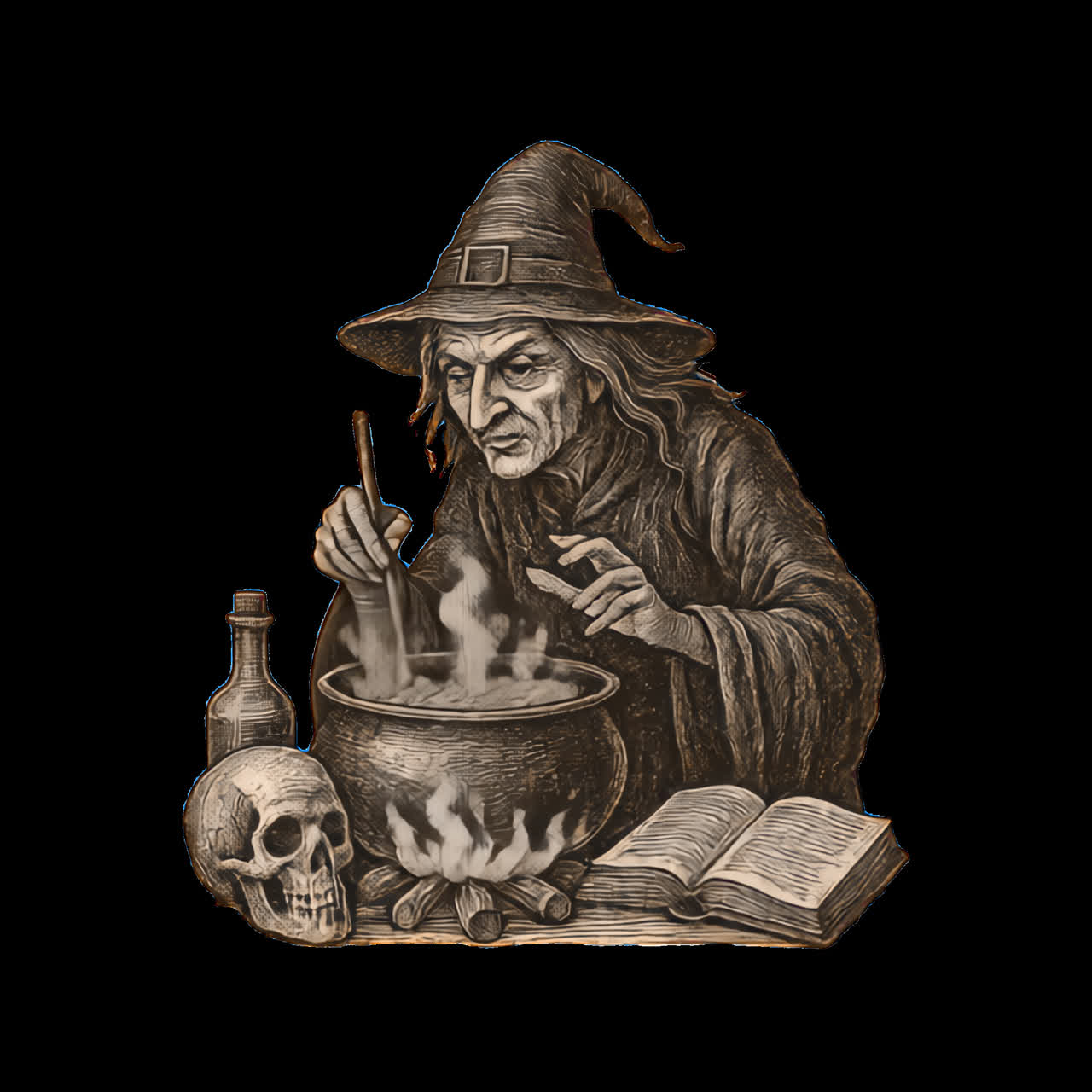 Witch brewing potion illustration animation isolated asset, transparent 4K video, alpha channel