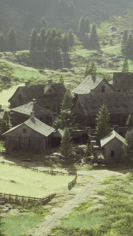 enchanting village nestled in tranquil mountains under a bright sky