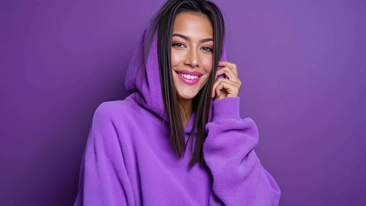 Jovem mulher vestindo um moletom roxo com capuz, levantando o capuz contra um fundo roxo sólido