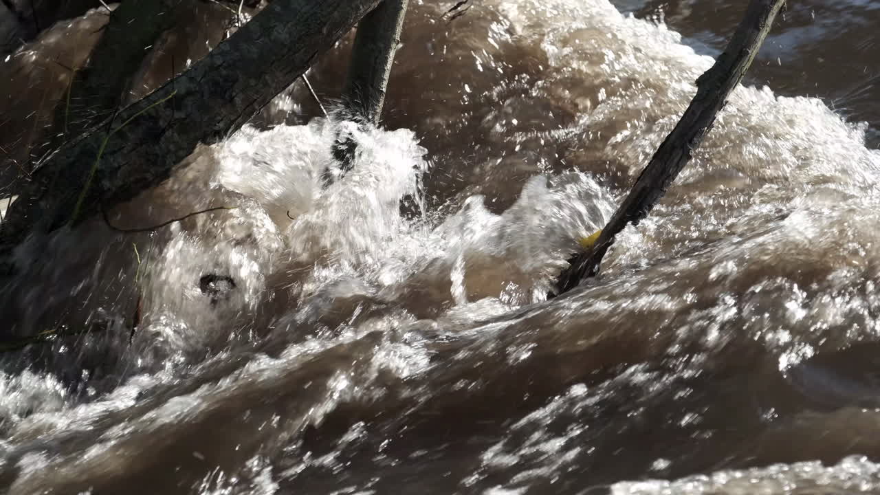The fast flowing water of the river Arrow running through Warwickshire, England after heavy rainfall raised the river level