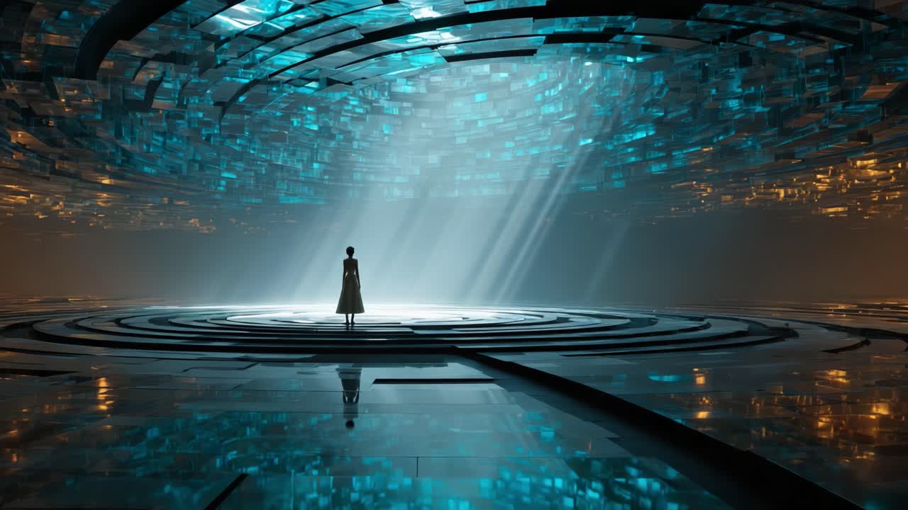 A woman stands in a mesmerizing futuristic environment, bathed in soft beams of light and surrounded by rings of shimmering reflective surfaces, evoking a sense of wonder and exploration