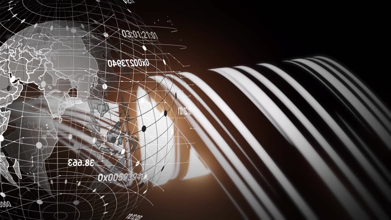 Ribbon sweeping left initiating globe emerging grid rotating hex sliding showing global data