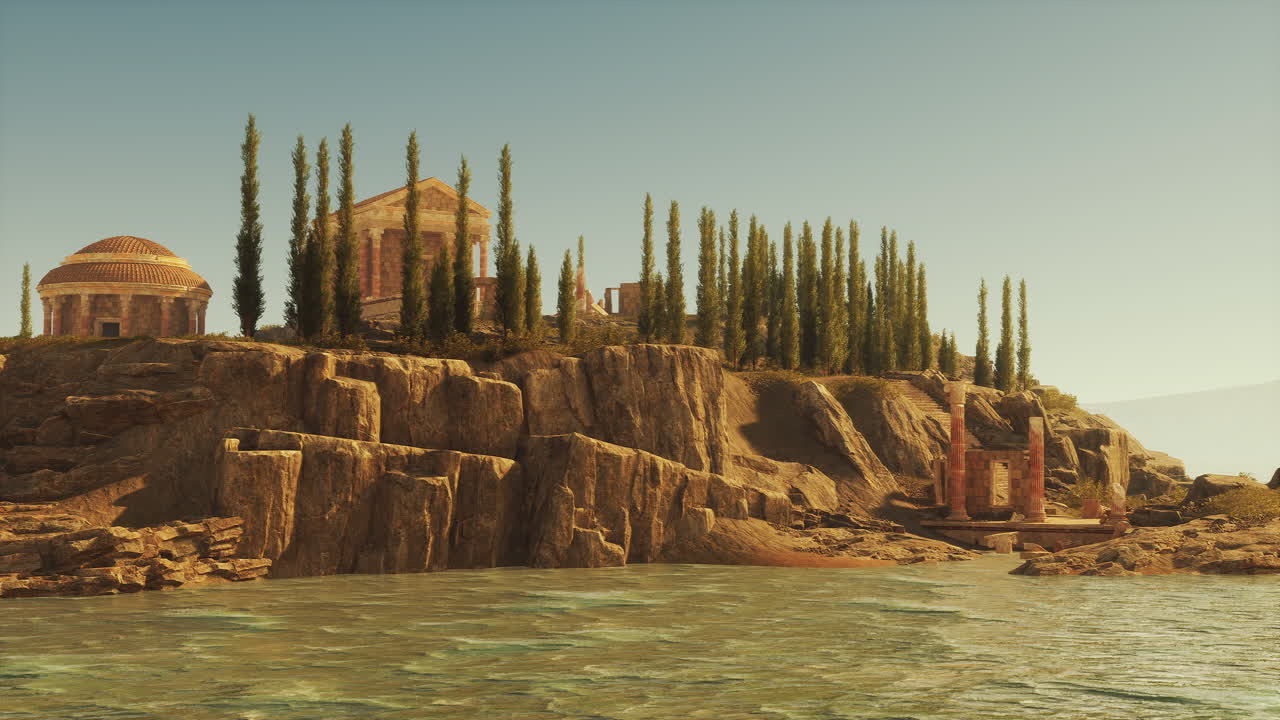Ruins of an ancient roman temple overlooking the tranquil waters at sunset