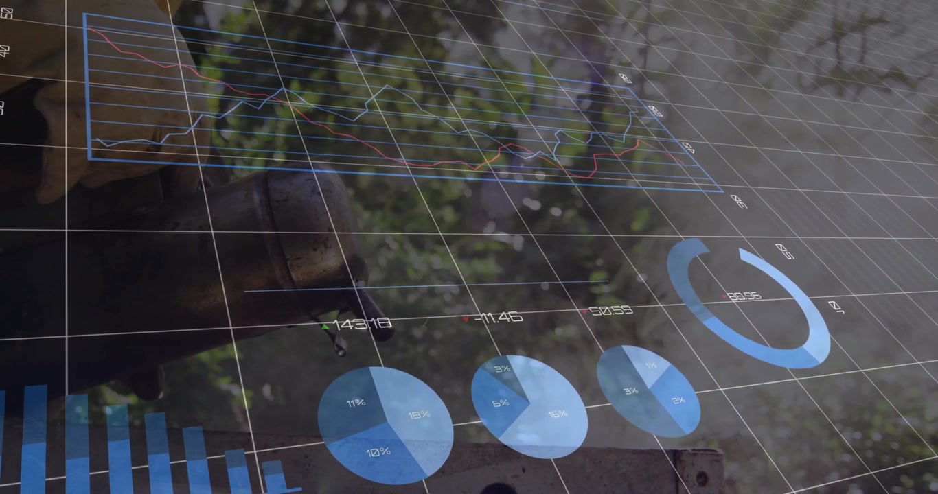 Construction pro holding drill with live data grid animating bar-pie-line-circular charts