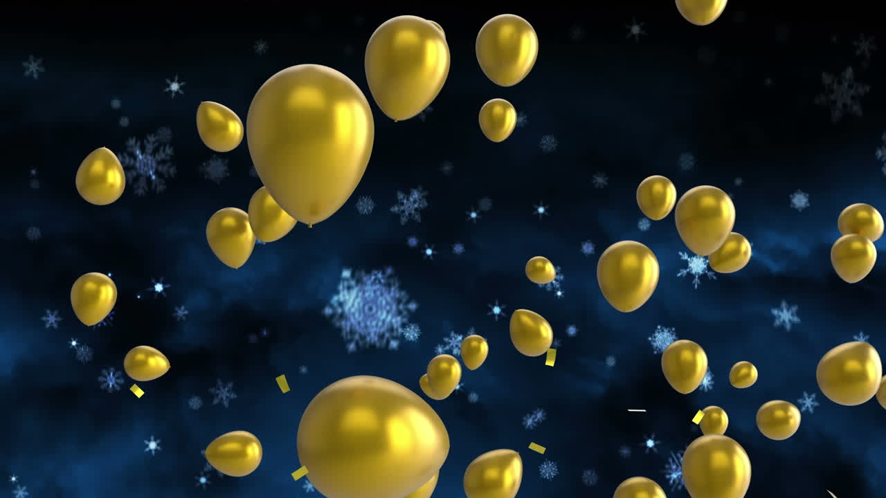 animación de confeti cayendo, copos de nieve y globos de oro volando sobre un fondo negro