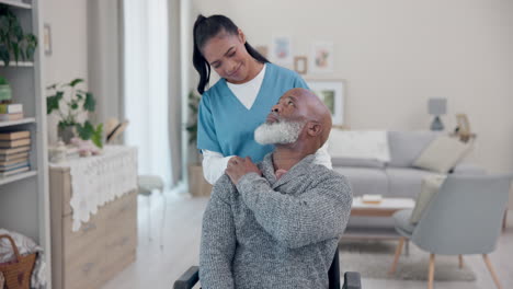 Senior-man,-wheelchair-and-woman-support