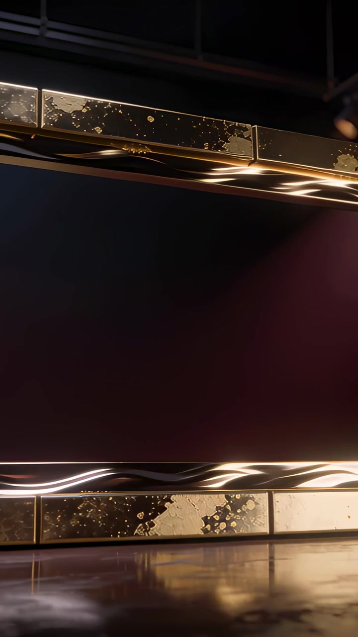 Video verticale: Binari dorati che scorrono, rivelando un pannello esposto e un pavimento ondulato, con un'illuminazione viola da studio.
