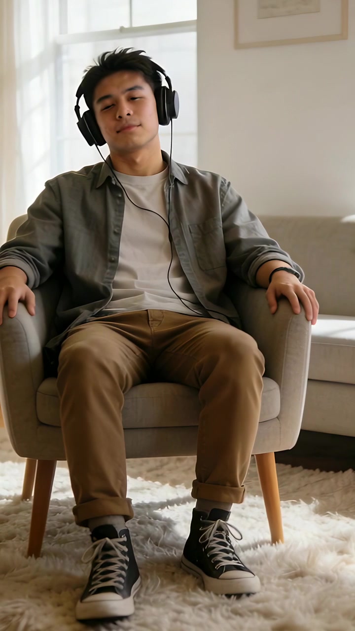 Video verticale: Uomo asiatico che reagisce sedendosi all'audio che inizia in salotto, con le cuffie.