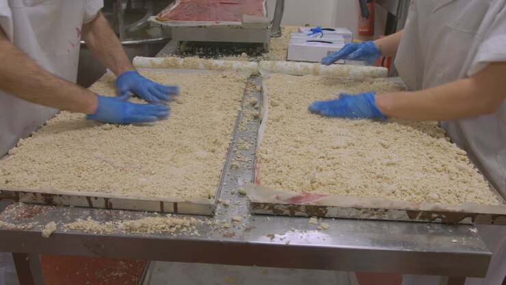 Two workers press down and roll out cake mix on an industrial sized baking tray