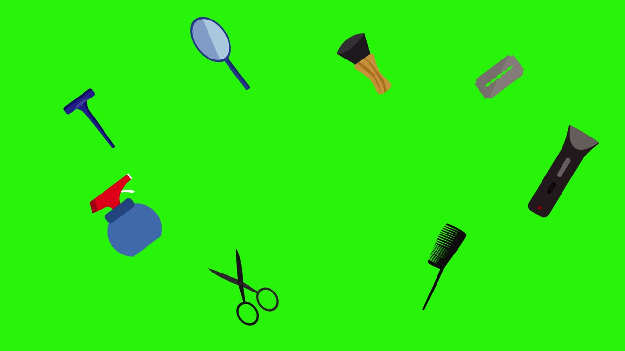 이발점 도구 평평한 요소 녹색 화면에서 애니메이션 크로마 키