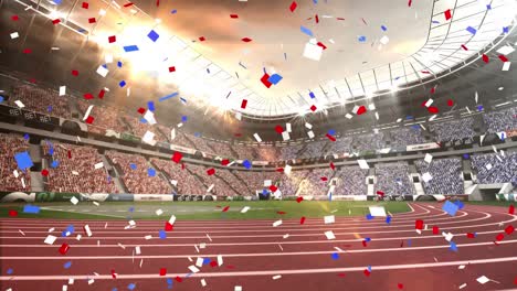 Digitale-Animation-Von-Buntem-Konfetti,-Das-Im-Hintergrund-Gegen-Das-Sportstadion-Fällt