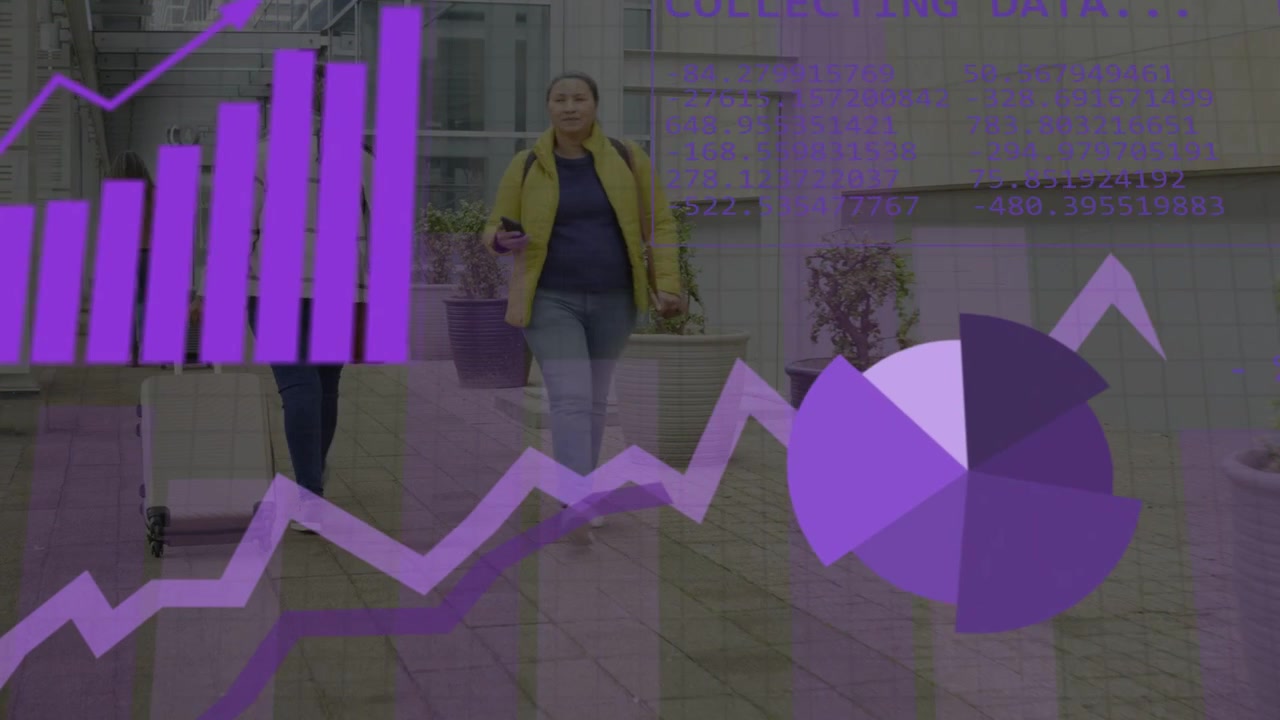 Woman pulling suitcase walking walkway data collecting starting, purple graphs rising over people