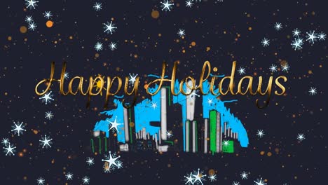 Happy-holidays-text-and-shining-stars-falling-against-cityscape-banner-on-blue-background