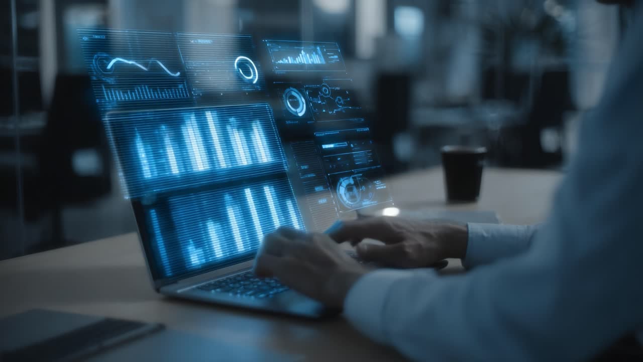 A Professional Analyzing Data Trends on a Laptop with Dynamic Graphs and Visual Analytics in a Modern Office Environment