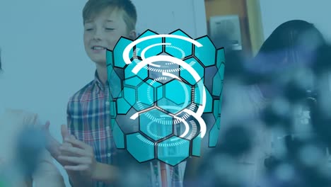 Animation-of-blue-and-white-hexagons-and-spirals-over-schoolchildren-using-microscope-in-class