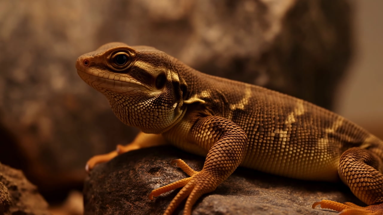 Closeup Desert Lizard On Rock Basking Under Warm Terrarium Light, Detailed Textured Scales, Alert Gaze, Sandy