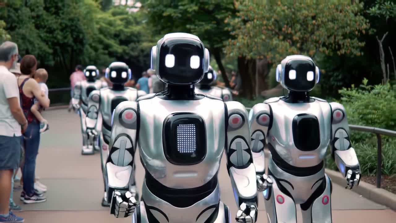 A Parade of Humanoid Robots Navigating a Green Pathway Among Human Observers in a Lively Urban Setting