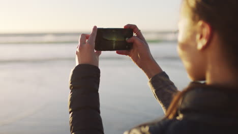 phone, beach and travel with a woman tourist