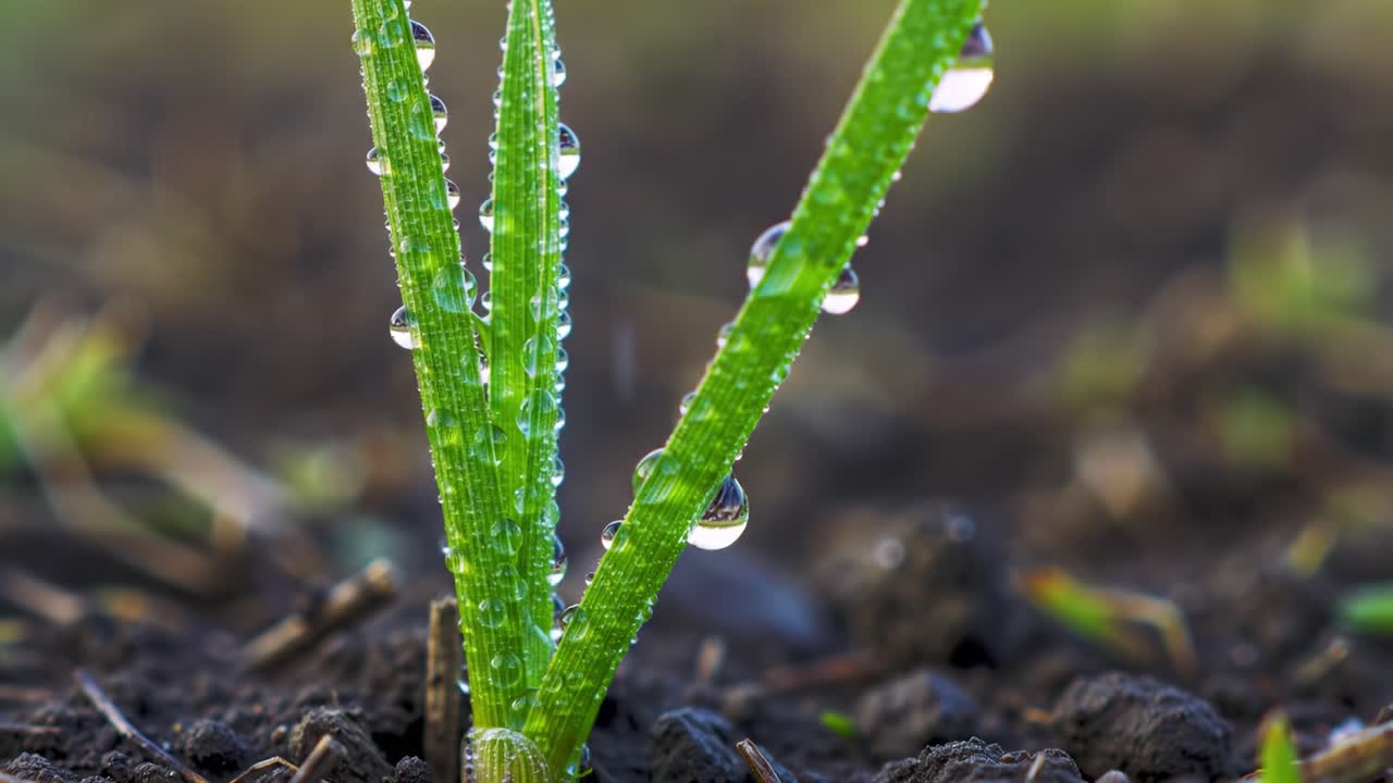 Glittering Morning Dew: A Close-Up of Vibrant Green Grass Blades Adorned with Crystal Clear Water Droplets Reflecting Radiance in Soft Sunlight