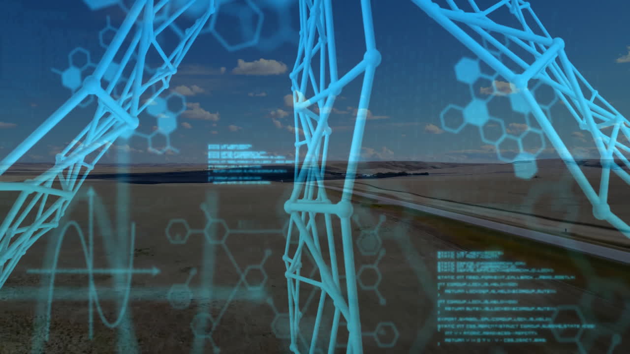 Digital molecular interface being visualized on rural grasslands showing hexagons and code blocks