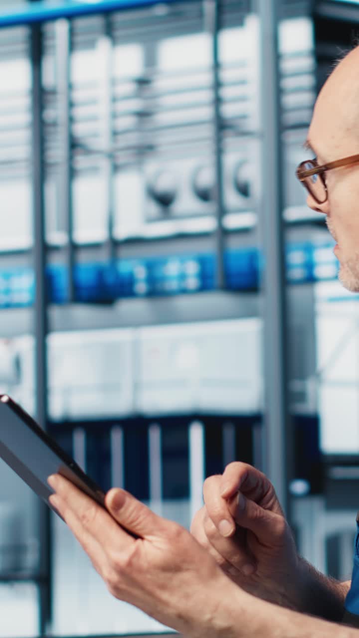 Vertical video Senior engineer in smart photovoltaics factory looking at performance metrics
