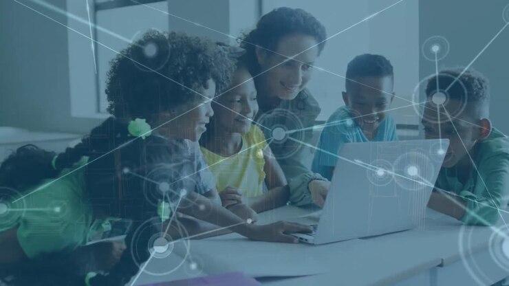 Animation of data processing over caucasian female teacher with diverse schoolchildren using laptop