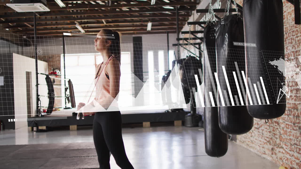 Animation of financial data processing over caucasian woman in gym