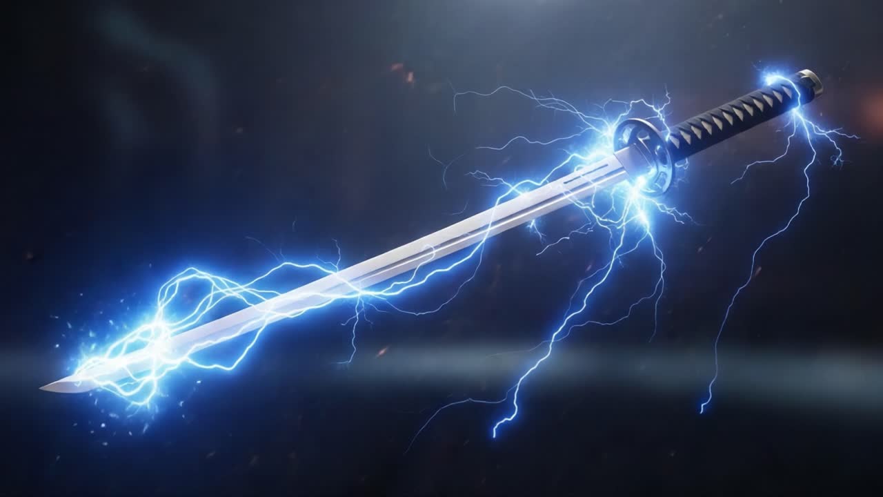 A Stunning Blade Harnessing Lightning Energy: An Electrifying Display of Power and Precision Captured in Action with Dynamic Visual Effects