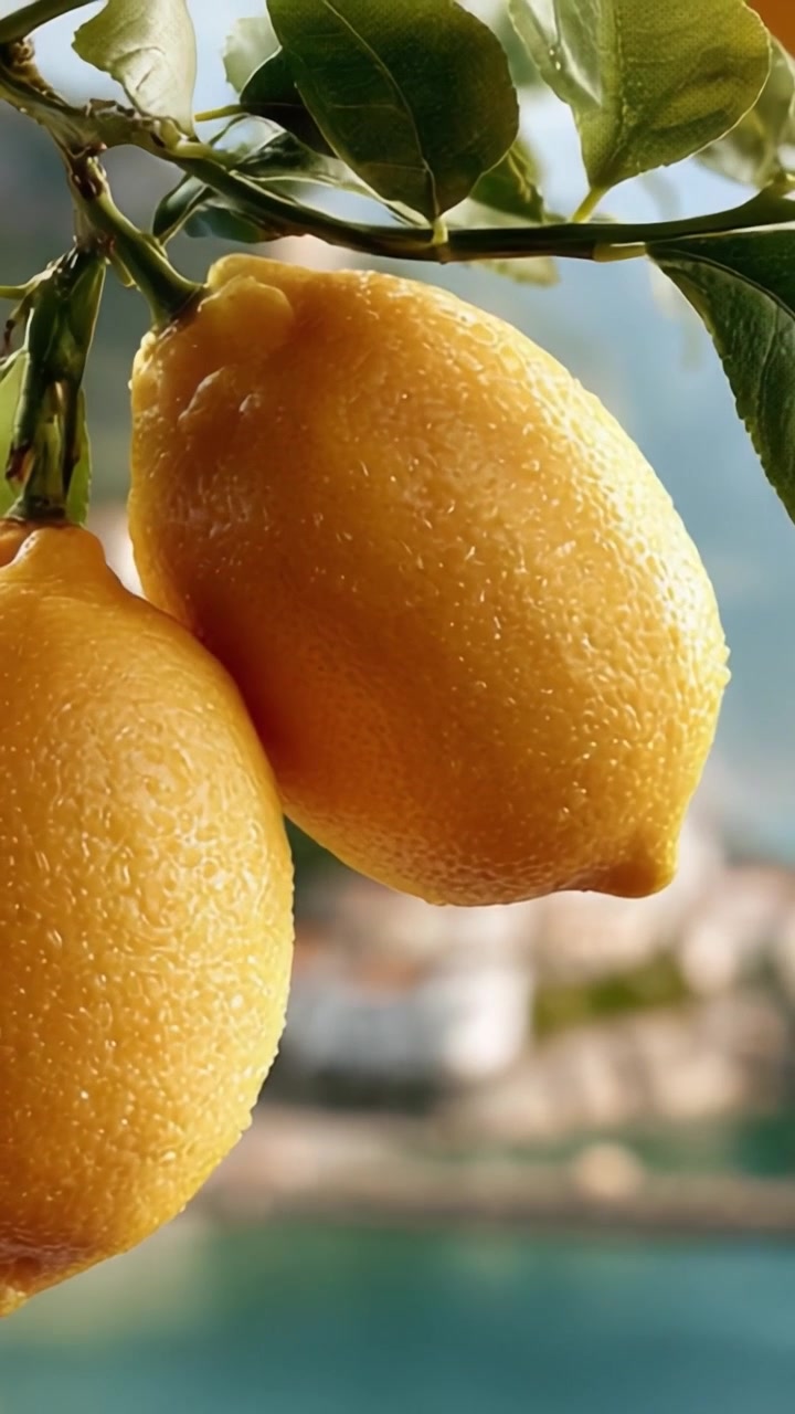 Primo piano di limoni appena raccolti, gocciolanti di gocce d'acqua, che mostrano il loro vibrante colore giallo su uno sfondo sfocato e morbido di un paesaggio suggestivo.