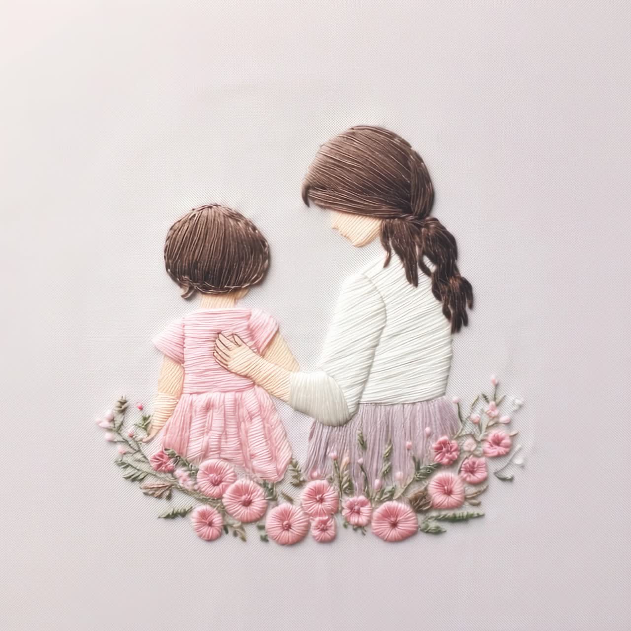 Vista aérea de una madre y un niño bordados con hilos de color pastel, rodeados de flores