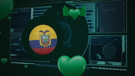 Animation-of-ball-with-flag-of-ecuador-over-green-heart-icons-and-data-processing