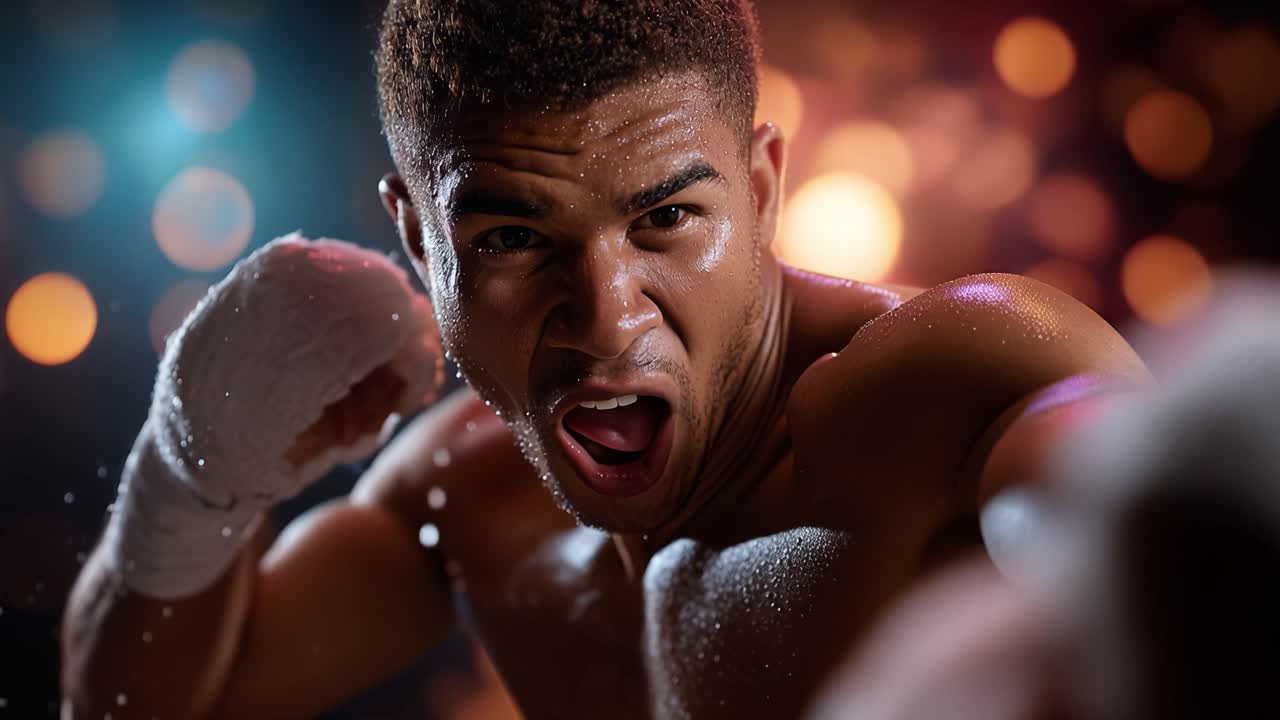 Intense Boxing Close-Up: A Powerful Fighter in Action with Focused Expression and Dynamic Background Bokeh Lighting Highlighting Determination and Strength