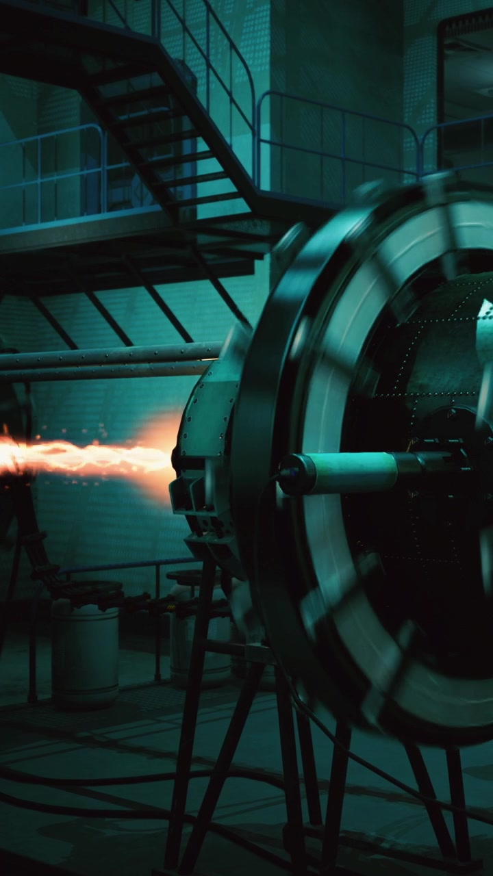 Jet engine test reveals powerful thrust in engineering facility at night