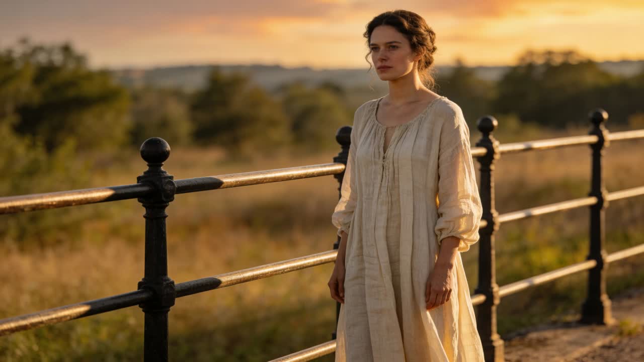Une femme avançant sur un chemin le long d'une balustrade métallique au coucher du soleil, vêtue d'une robe crème, observant l'horizon.