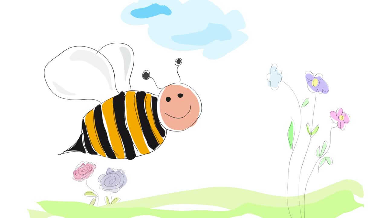 la abeja vuela sobre las flores, dibujo de ilustración animado hecho por un niño estilo. concepto de primavera, salvar la naturaleza y el medio ambiente