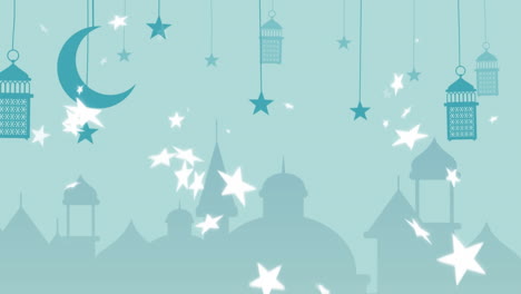 animation of arabic style rooftops with crescent moon, lamps and falling stars in white on blue