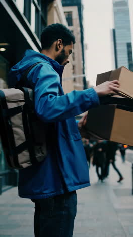 delivery person holding package in city