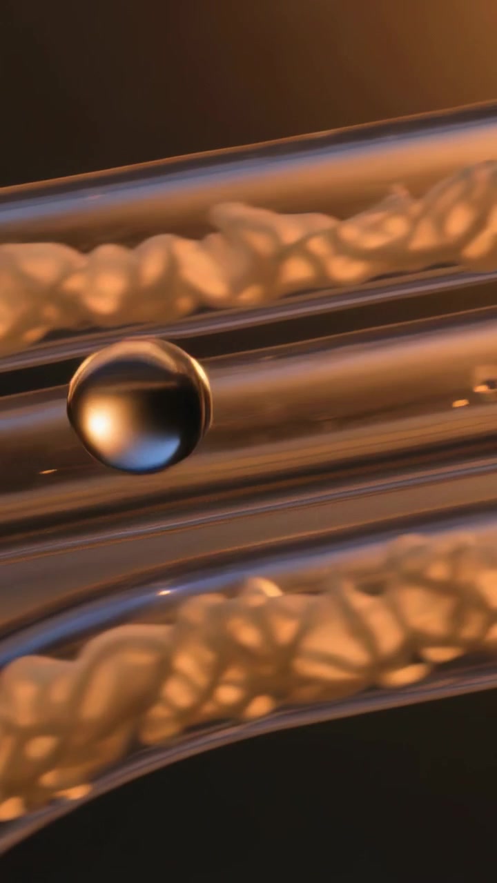 Video verticale: Gocciolina che scivola lungo tubi trasparenti in uno studio macro, fotogrammi che avanzano, brillando di ambra.
