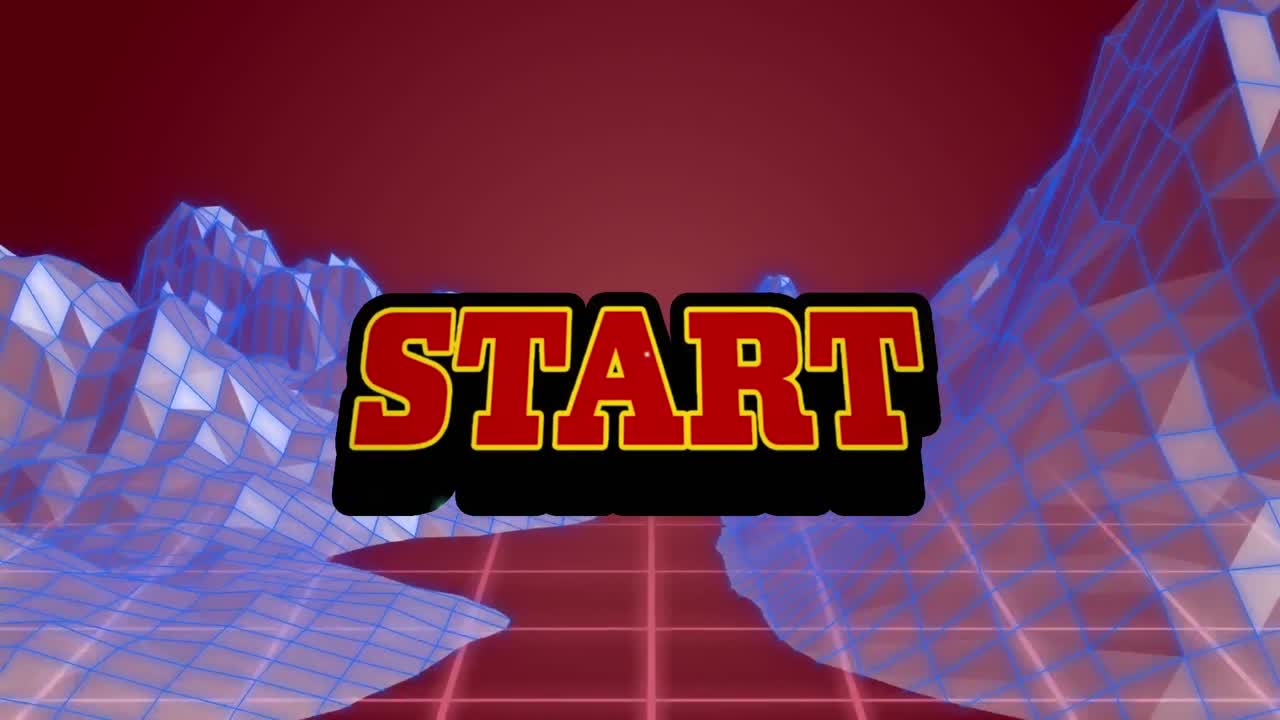 Animation of red text start, over explosion and moving pink grid with purple landscape, on brown