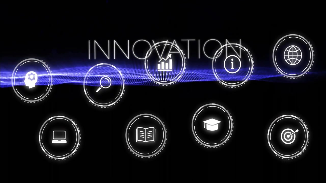 Concetto di innovazione digitale con onda astratta e icone aziendali