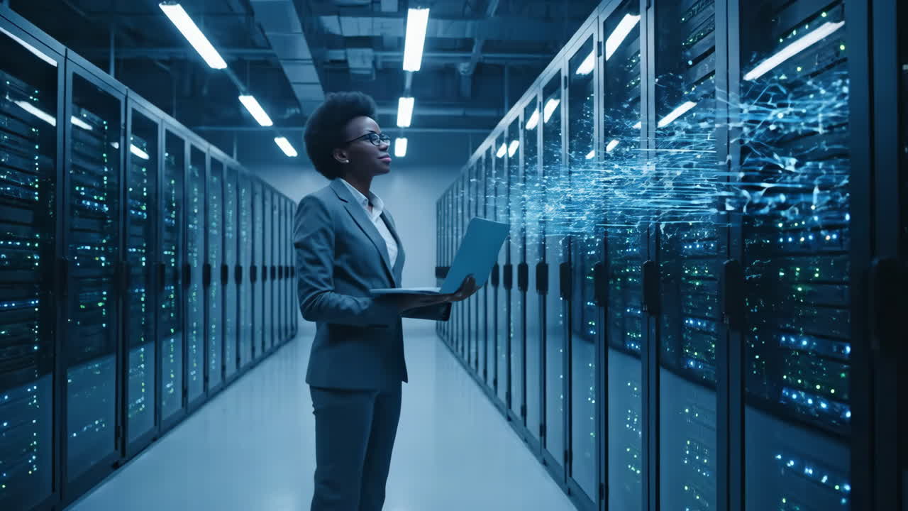 Female IT Professional Manages Data in a Futuristic Server Room