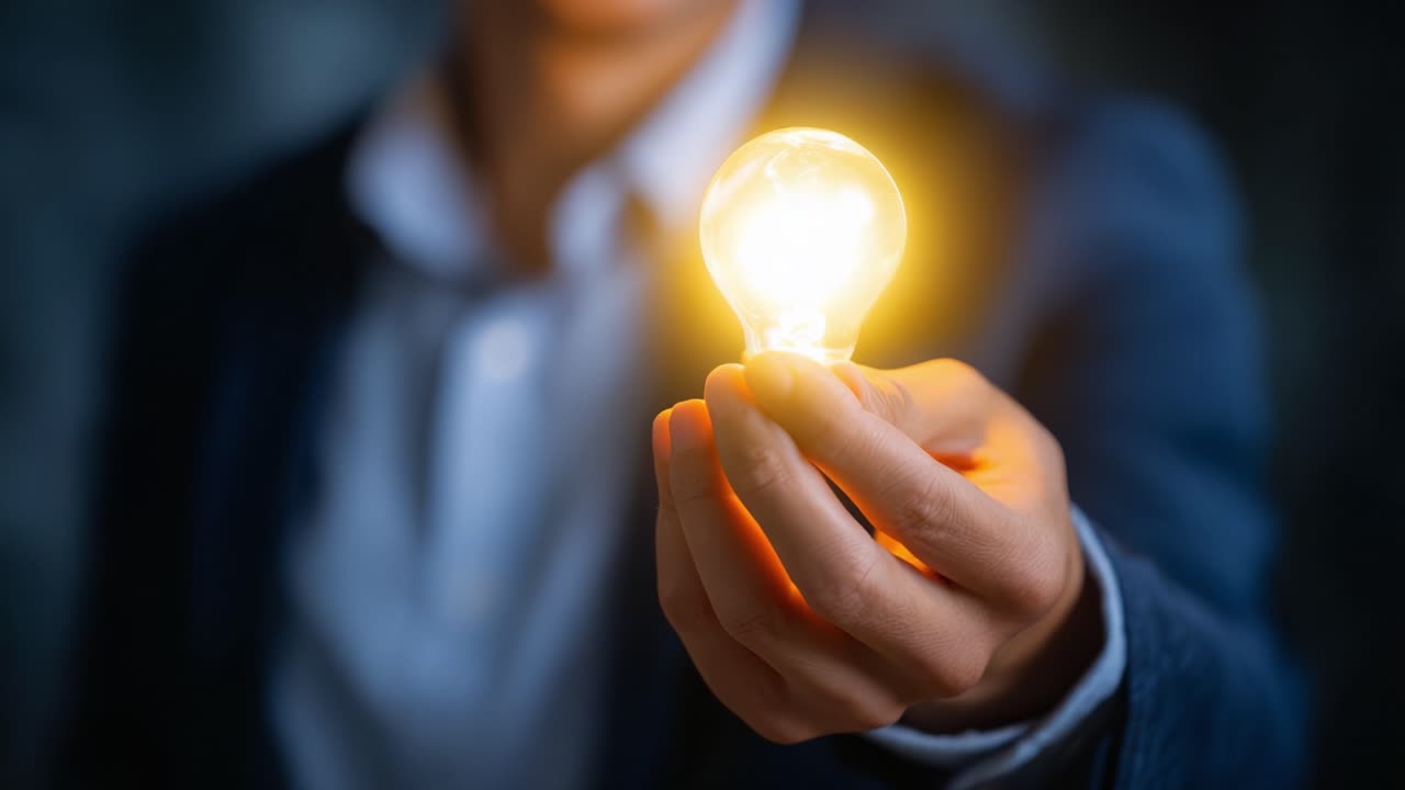A Person Holding a Glowing Light Bulb Symbolizing Innovation and Ideas, Captured in a Professional Setting with a Focus on Inspiration and Creativity