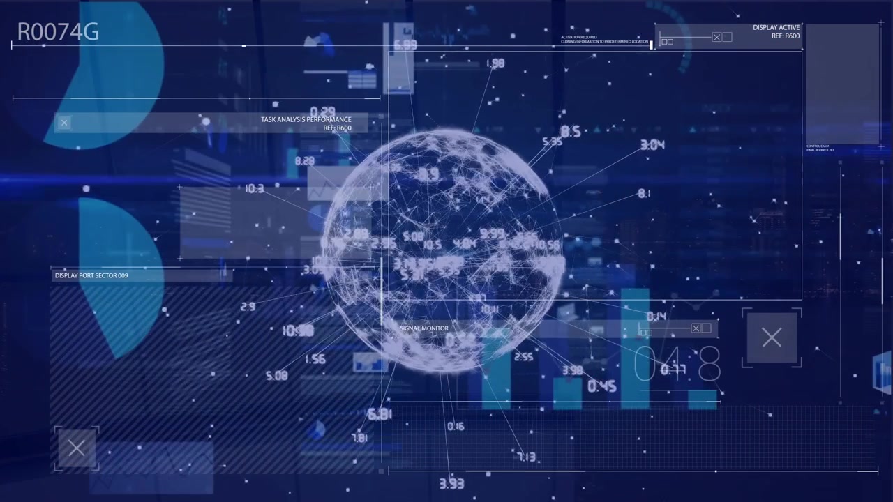 Digital globe interface shows global business data and time differences.
