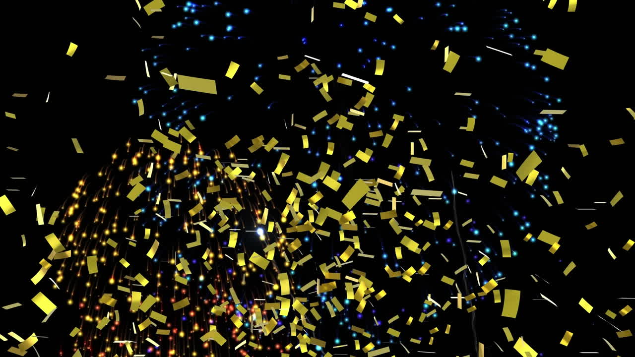 Animation of confetti falling over multi coloured fireworks exploding