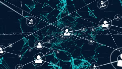 animation of network of profile icons, plexus networks and data processing against blue background