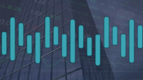 animation of financial data processing over cityscape