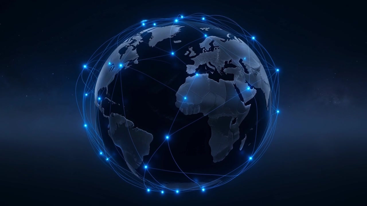Global Digital Network Connecting the Earth with Blue Lines and Dots