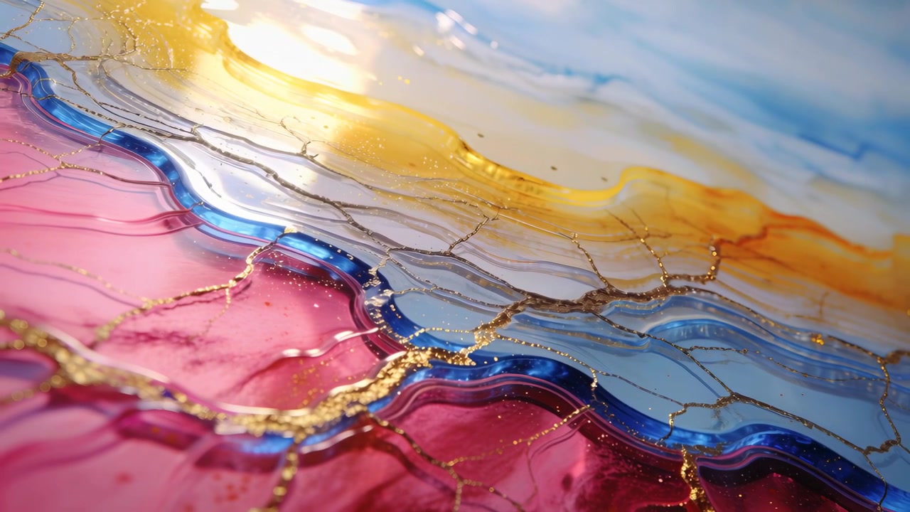 スタジオでのマクロ撮影でカメラが光沢のある流体アートパネル上を移動し、ピンク、コバルトブルー、ゴールドの筋を現す