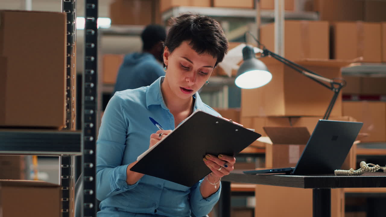 Woman taking inventory in warehouse with boxes